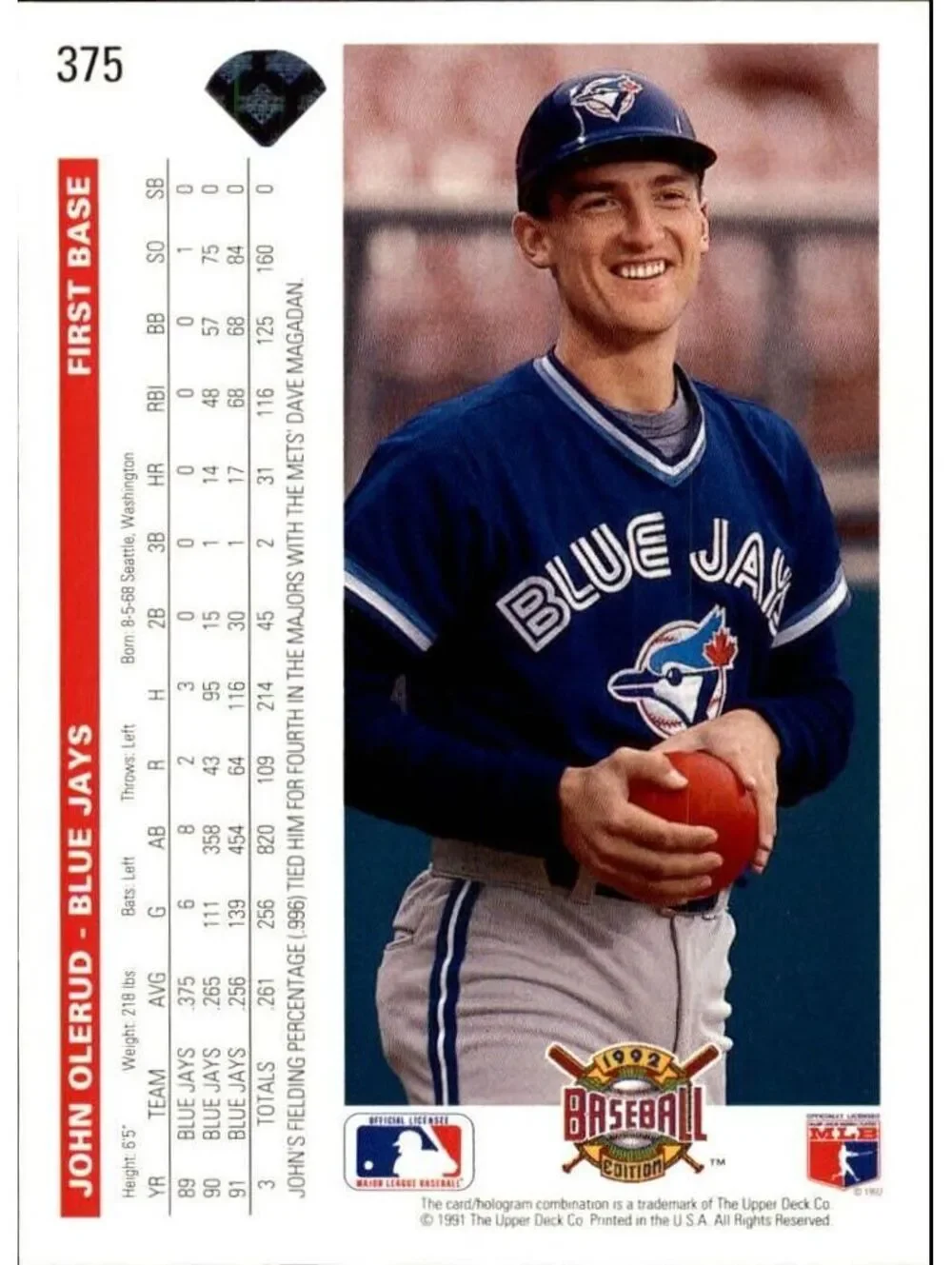 John Olerud 1992 Upper Deck MLB #375 Baseball Card Toronto Blue Jays